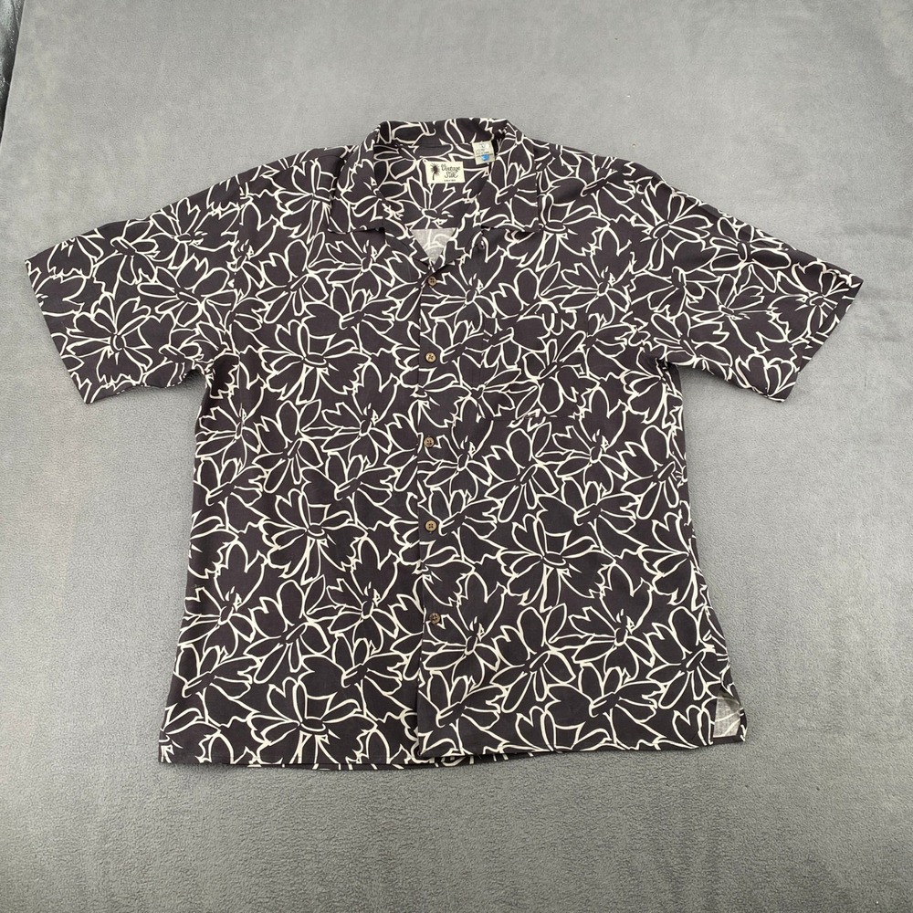 Vintage Silk Circa 1969 Mens Large Black White Floral 100% Silk Camp Shirt 7781